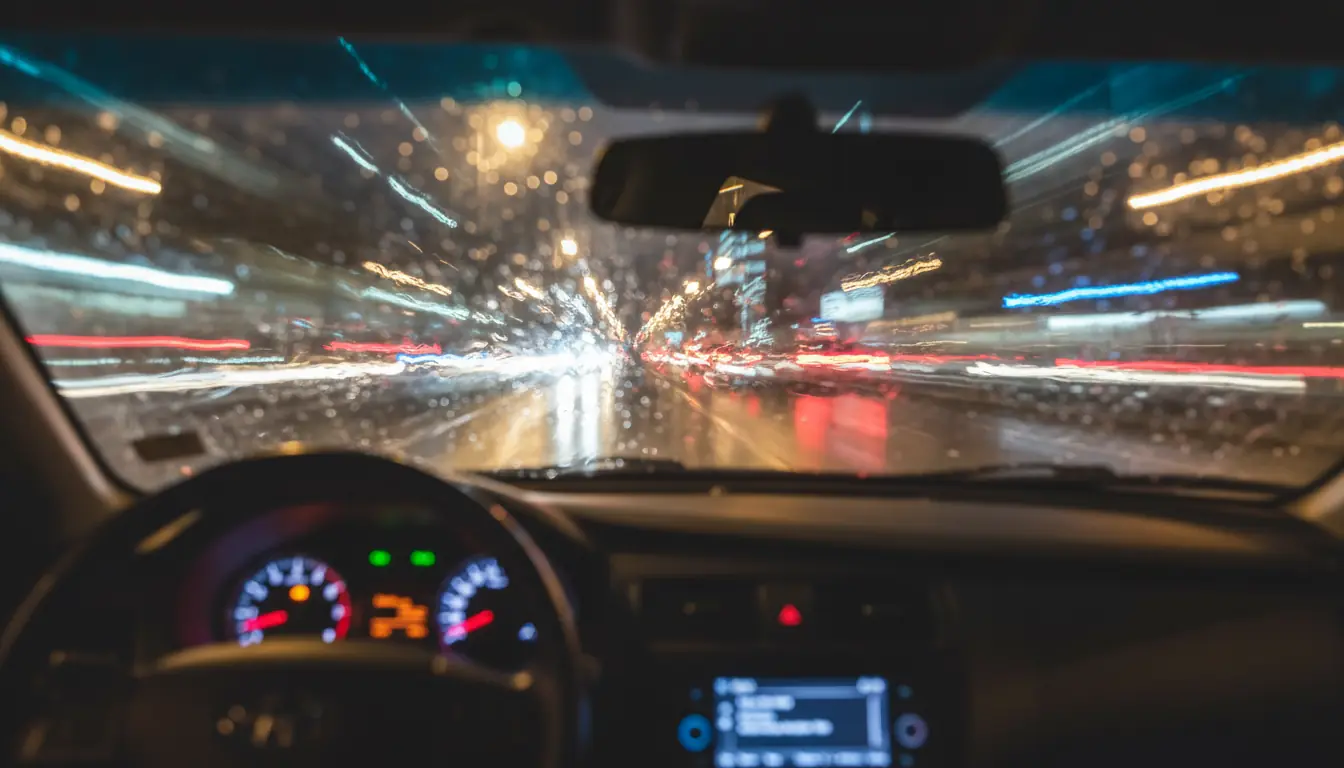 Vue floue depuis l'intérieur d'une voiture la nuit, montrant un tableau de bord et des lumières de v