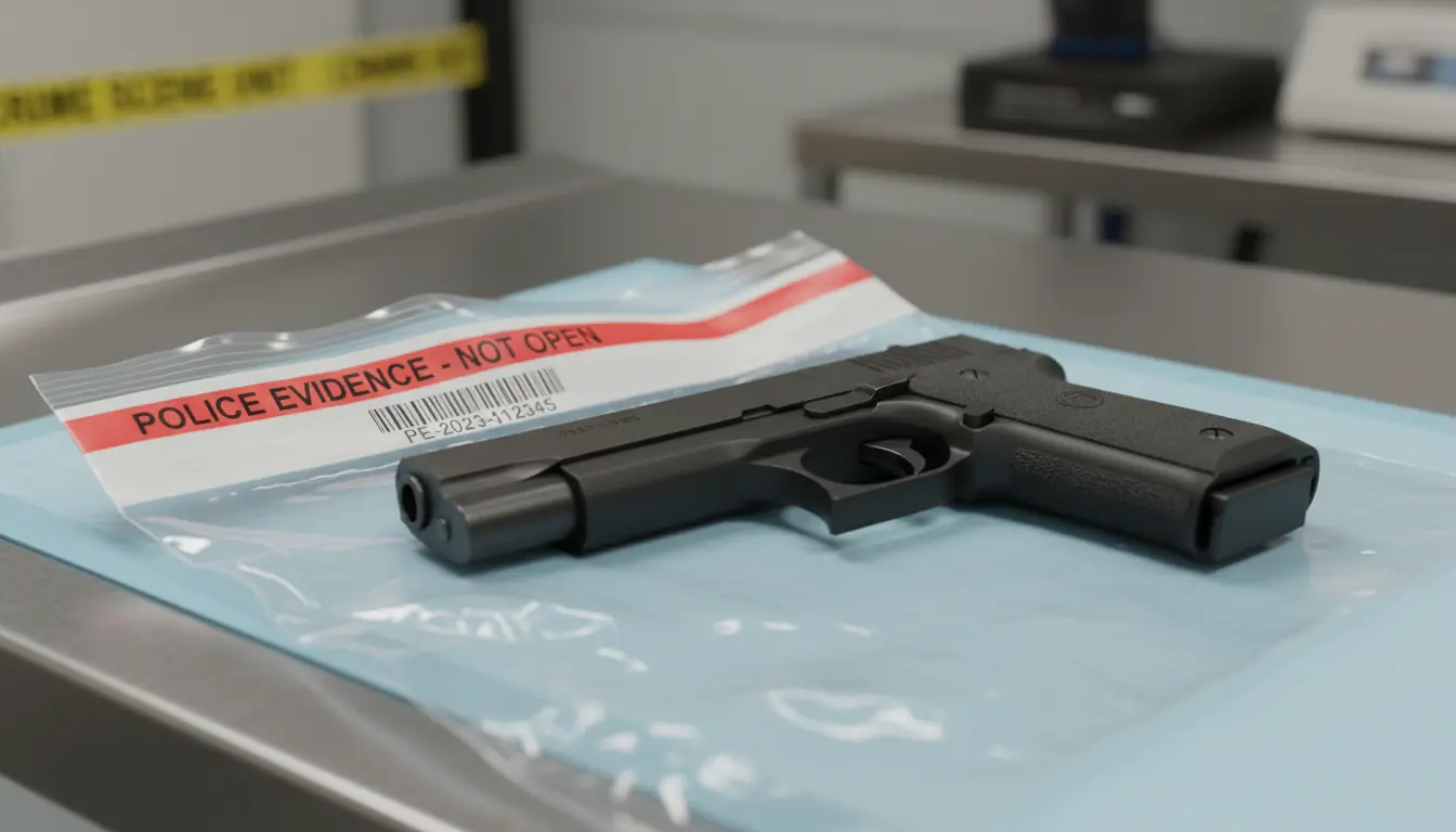 Plan rapproché générique d'une arme de poing posée sur une table de preuve policière ou dans un sac