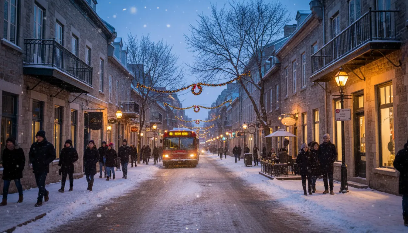 Rue du quartier Saint-Roch à Québec en soirée, ambiance urbaine hivernale avec éclairage public.