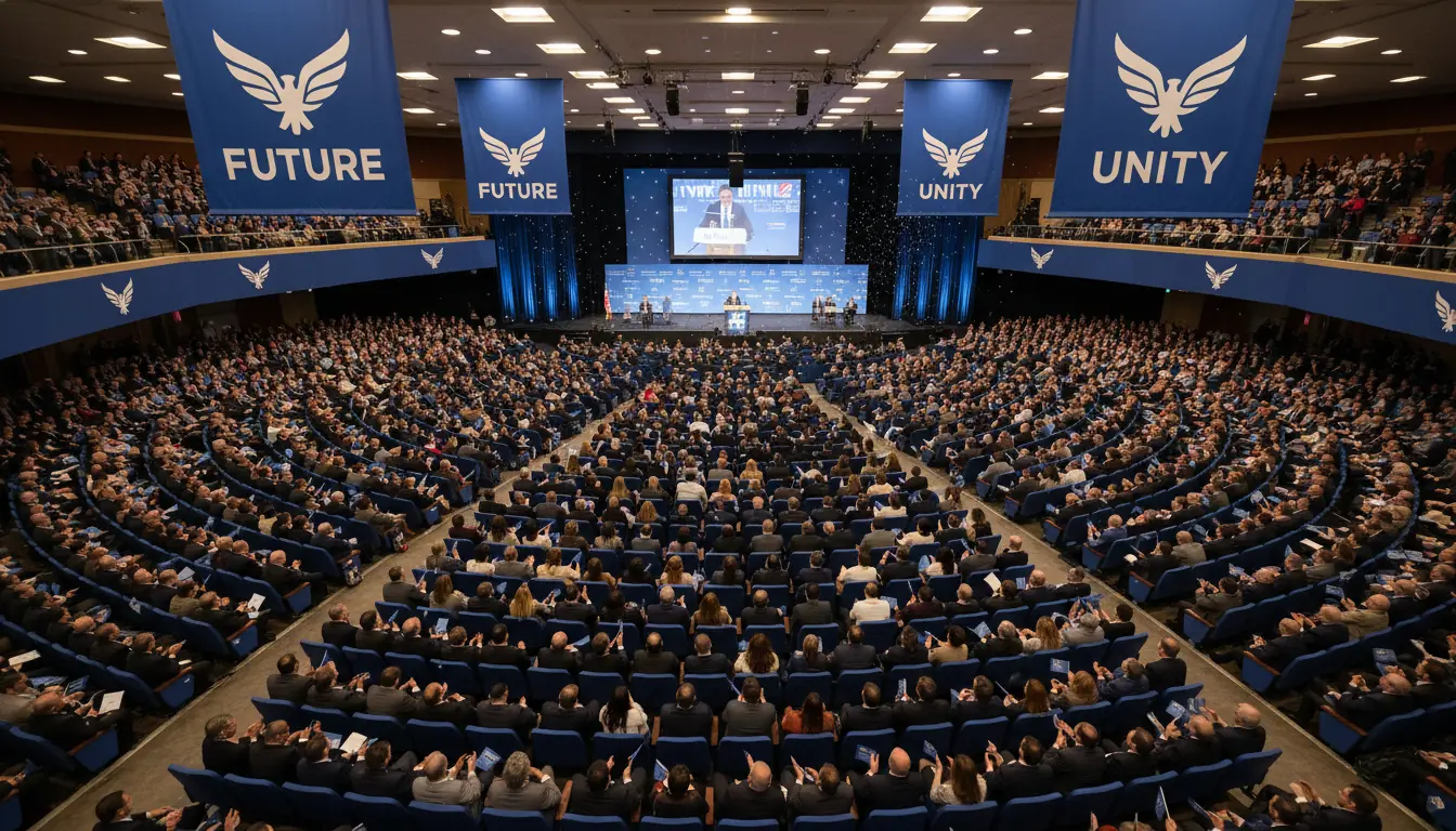 Vue d'ensemble d'une salle de congrès politique remplie de délégués, bannières bleues, ambiance de f