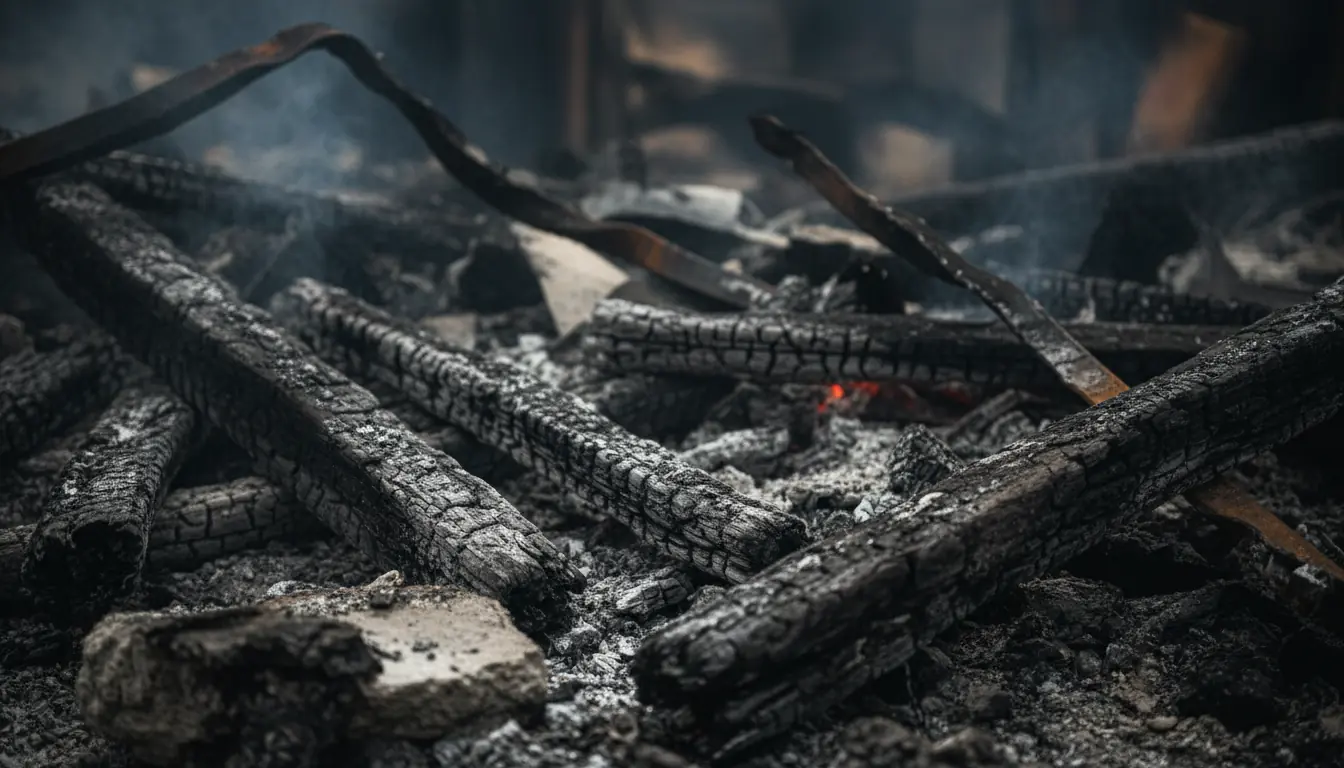 Plan rapproché artistique et sombre de débris calcinés et de bois brûlé, symbolisant les restes d'un