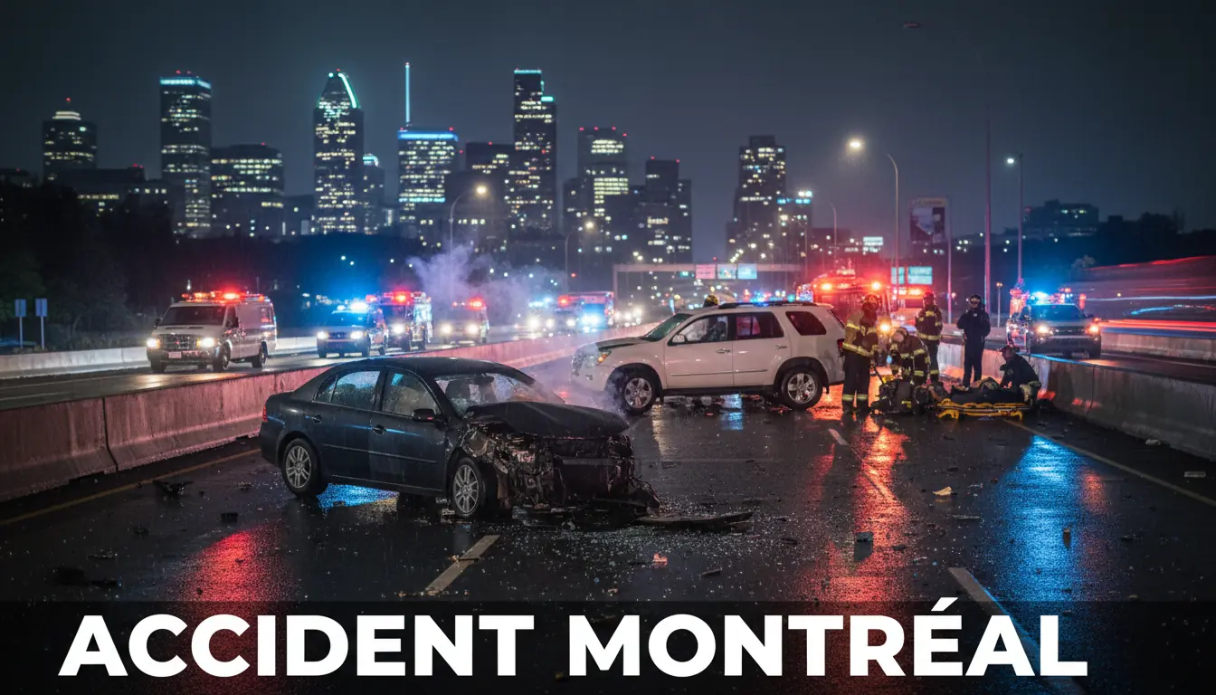 Scène générique d'accident de la route la nuit avec des lumières d'urgence floues en arrière-plan, r