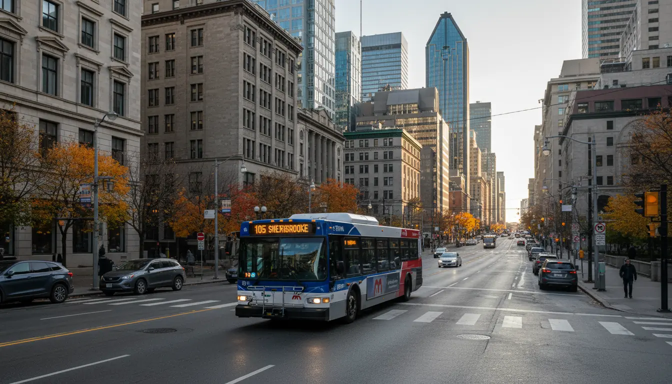 Autobus de la STM (Société de transport de Montréal) circulant sur une route urbaine, vue extérieure