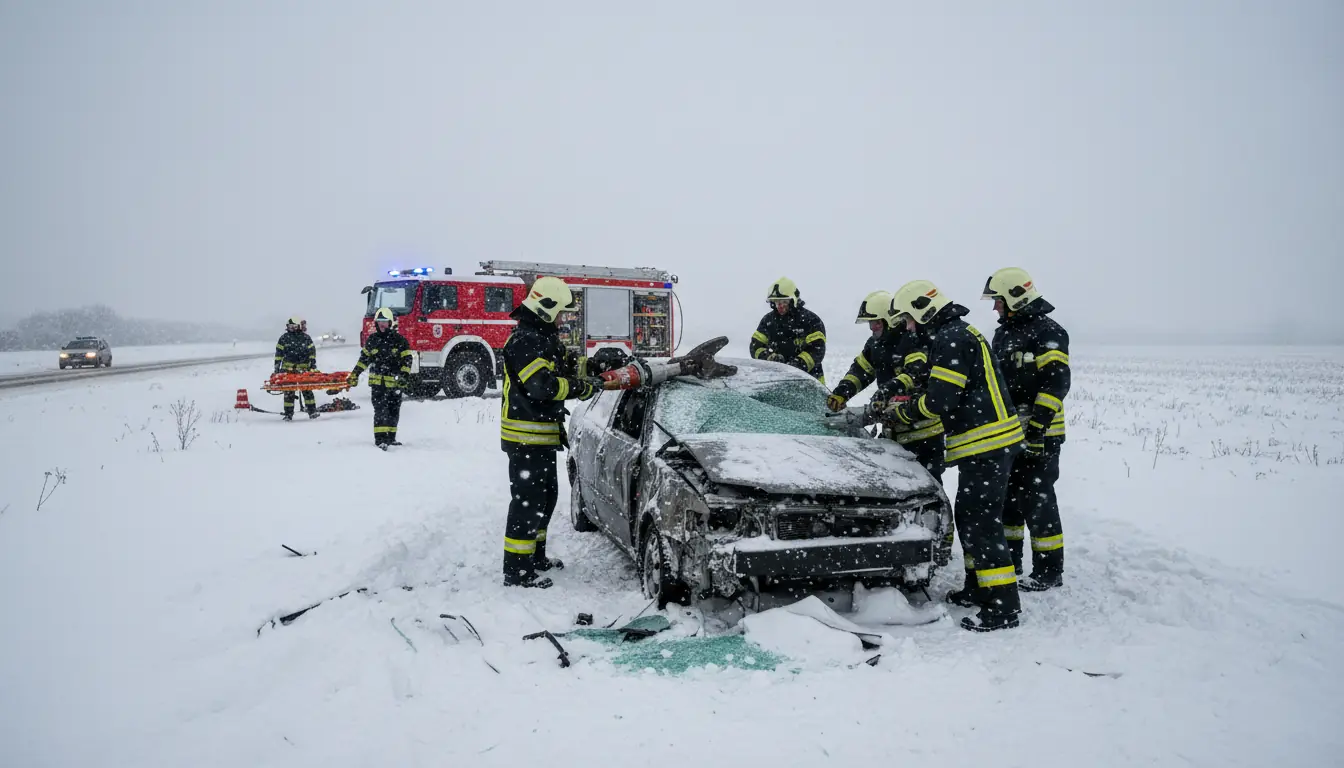 Pompiers utilisant des pinces de désincarcération sur un véhicule accidenté (simulation ou vue génér