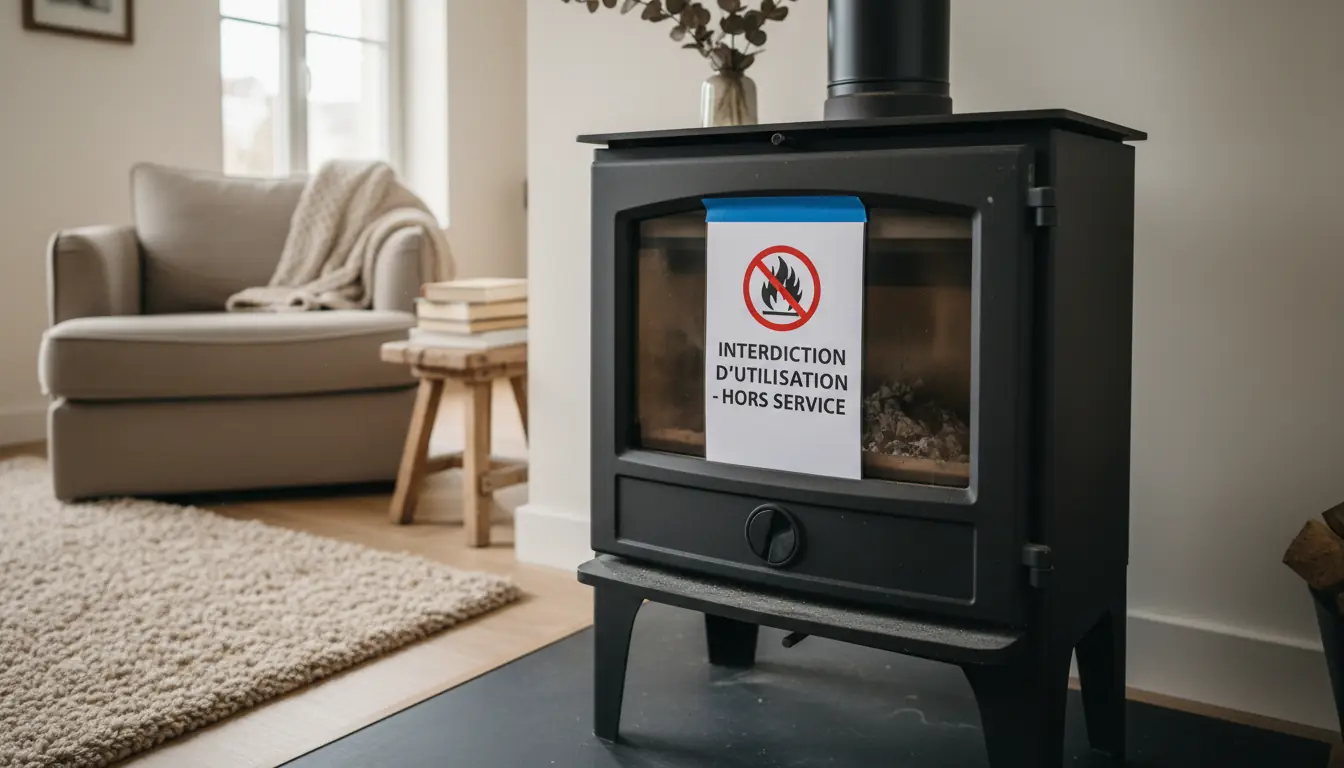 Gros plan sur un poêle à bois moderne éteint dans un salon confortable, illustrant l'interdiction d'