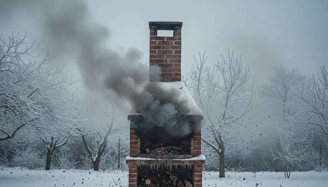 Cheminée extérieure en brique émettant de la fumée grise en hiver, symbolisant l'émission de particu