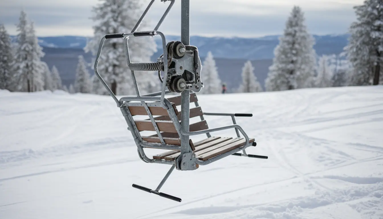 Gros plan générique sur un siège de remonte-pente (télésiège) vide suspendu au-dessus de la neige, i