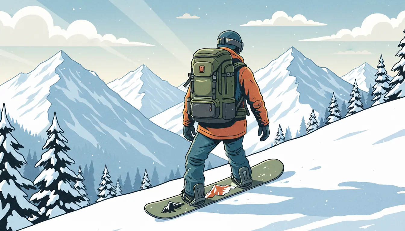 Illustration générique d'un planchiste ou skieur portant un sac à dos en montagne, vue de dos.