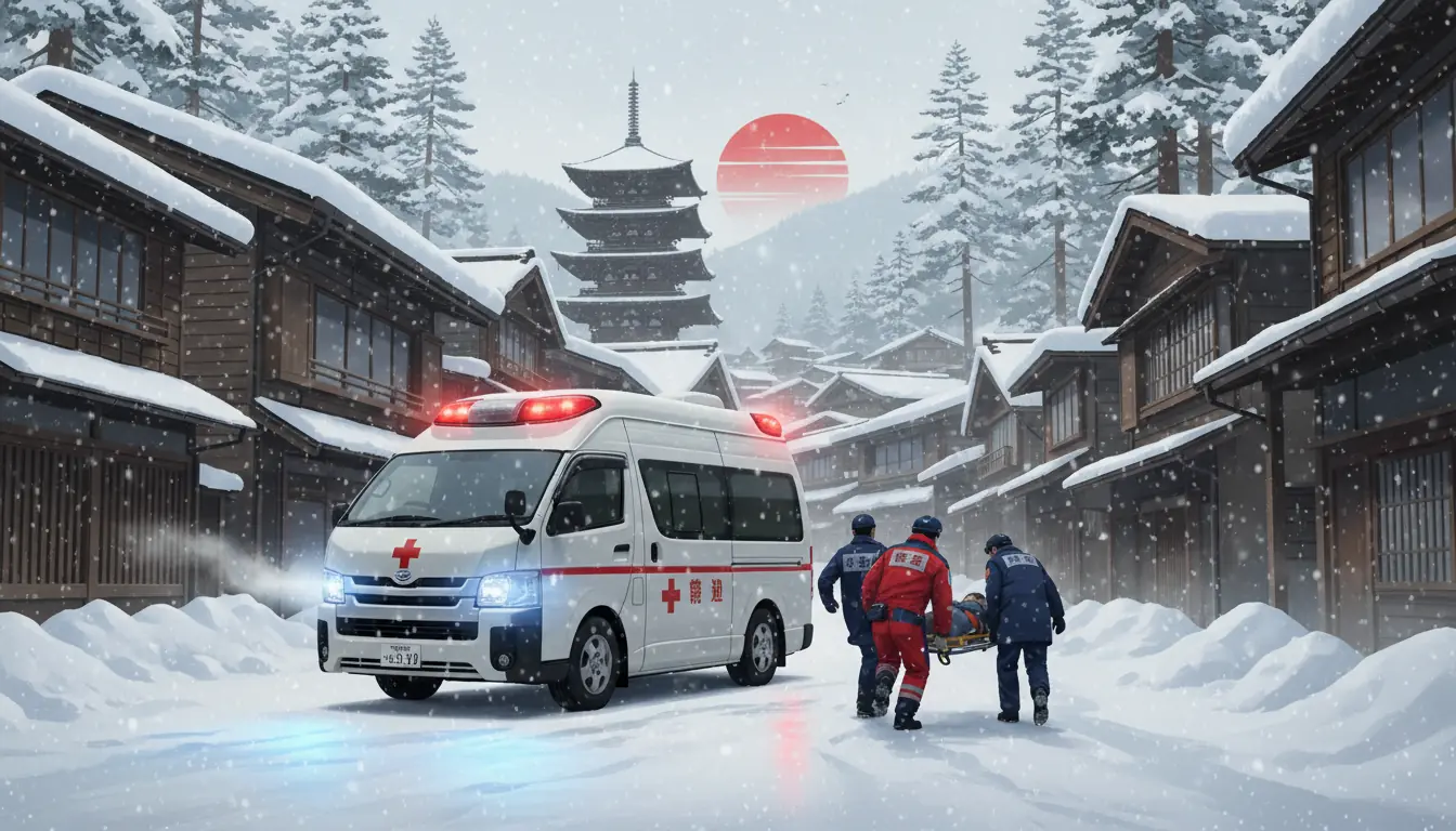Véhicule d'urgence ou ambulance dans un décor de neige au Japon, symbolisant l'intervention des seco