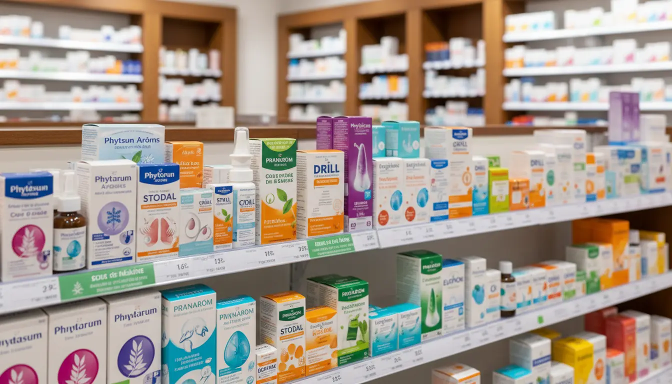 Un rayon de pharmacie française bien rempli avec des boîtes colorées de sirops, sprays et pastilles