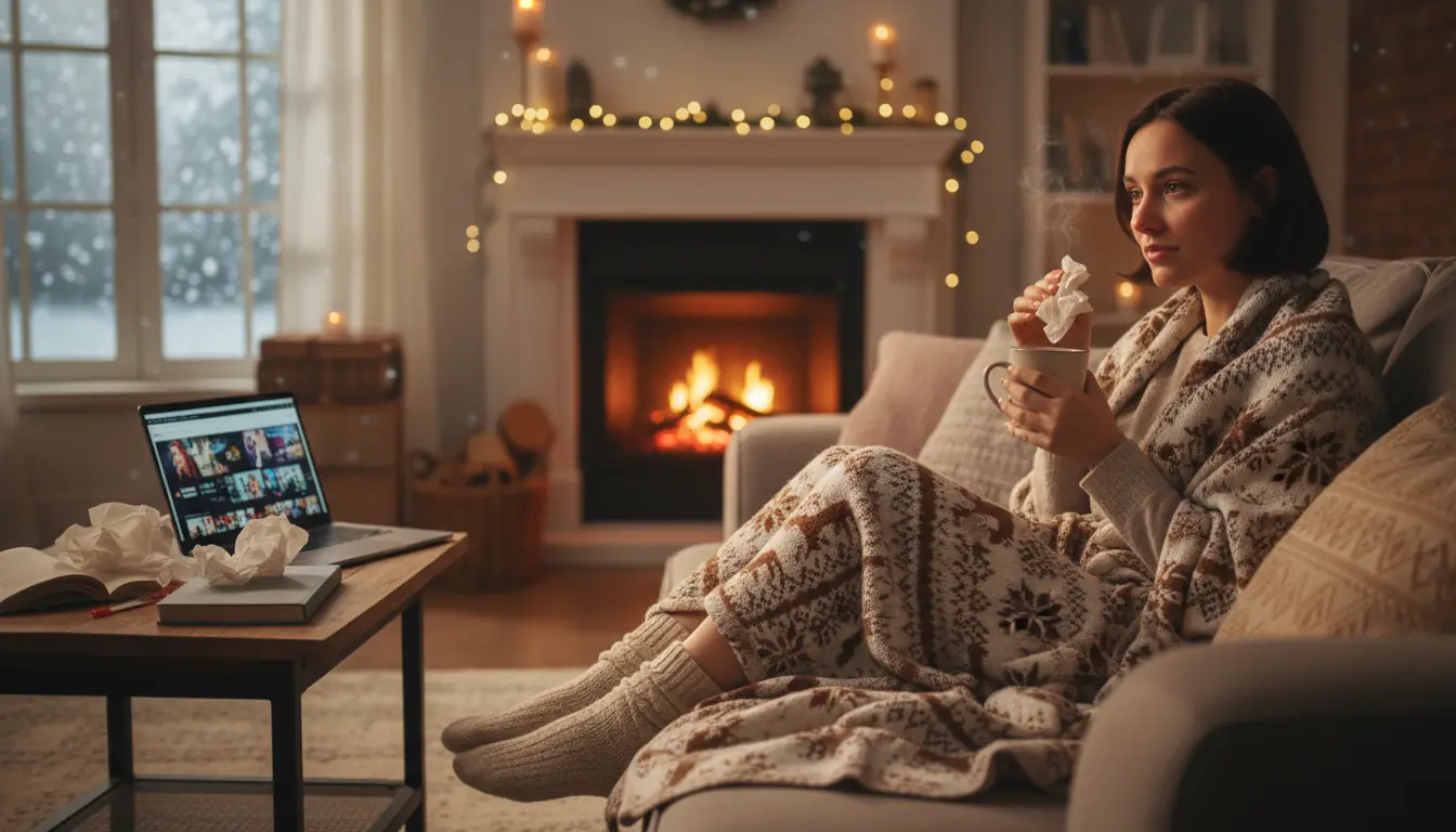 Une personne malade chez elle, tenant un mouchoir en papier et une tasse de thé chaud, ambiance hive