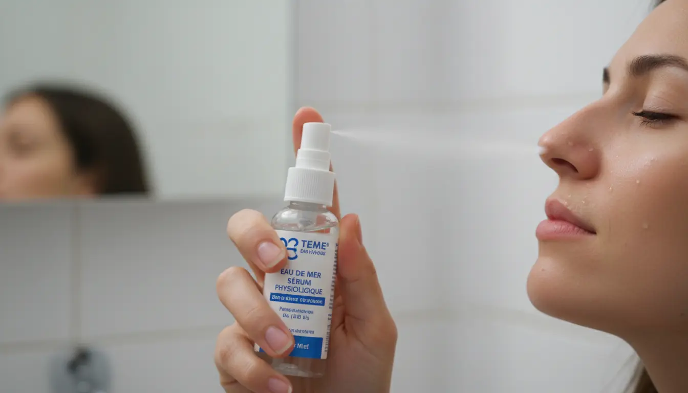 Gros plan sur un spray nasal d'eau de mer ou de sérum physiologique utilisé par une personne.