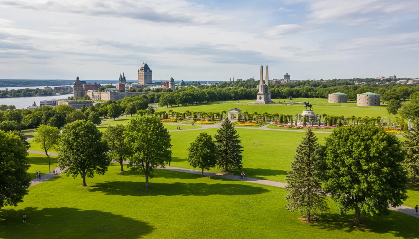 Vue panoramique du parc des Champs-de-Bataille (Plaines d'Abraham) à Québec, verdure et monuments hi