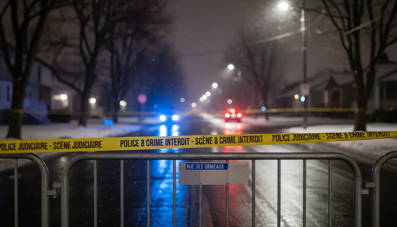 Ruban jaune de scène de crime barrante une rue résidentielle au Québec la nuit, flou artistique en a