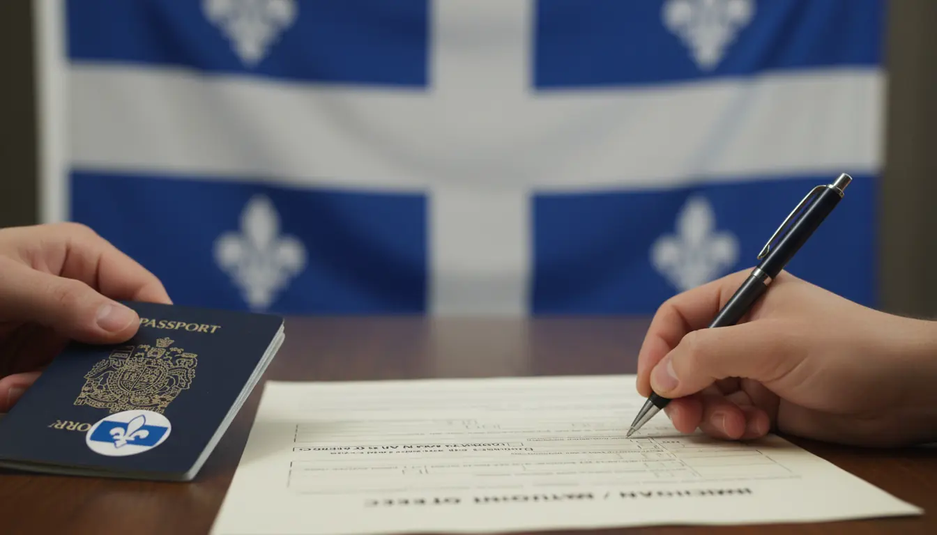 Gros plan sur des mains remplissant un formulaire officiel d'immigration ou tenant un passeport avec