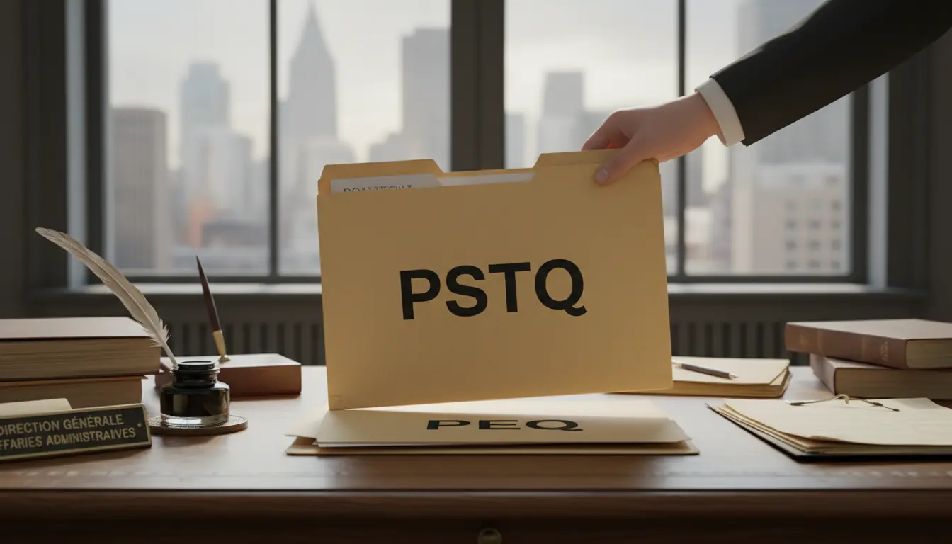 Image conceptuelle montrant un dossier marqué 'PSTQ' remplaçant un dossier 'PEQ' sur un bureau admin