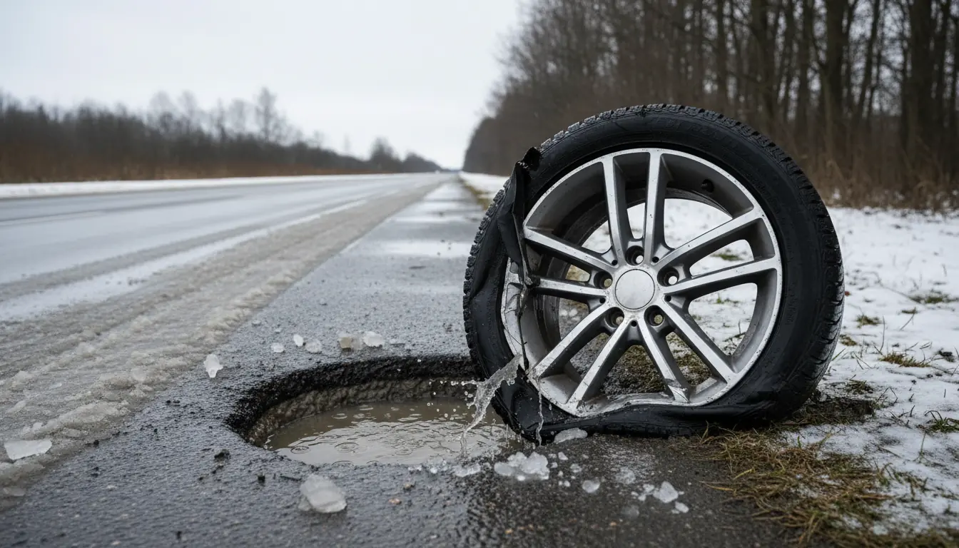 Plan rapproché d'une roue de voiture endommagée par un nid-de-poule, sur le bord d'une route enneigé