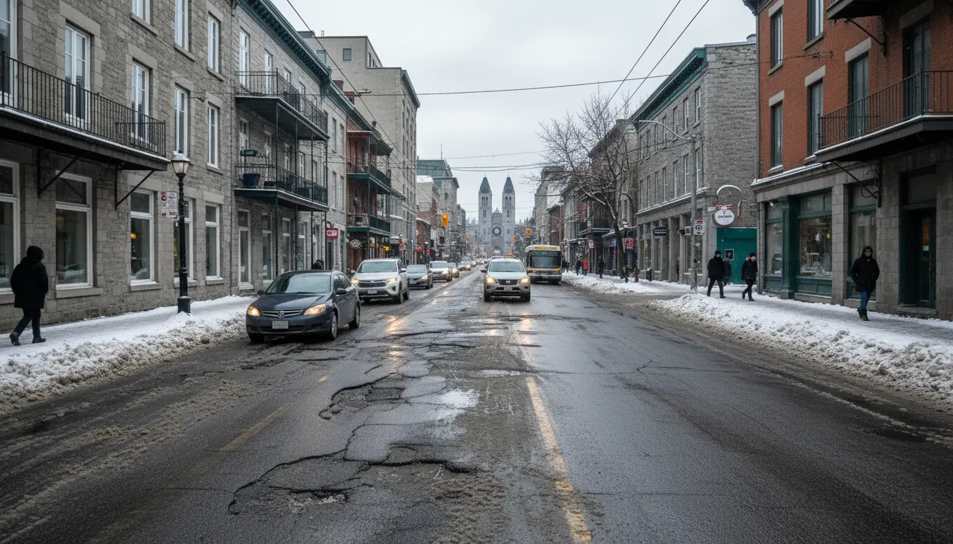 Vue large de la rue Notre-Dame à Montréal avec du trafic et une chaussée endommagée par l'hiver.