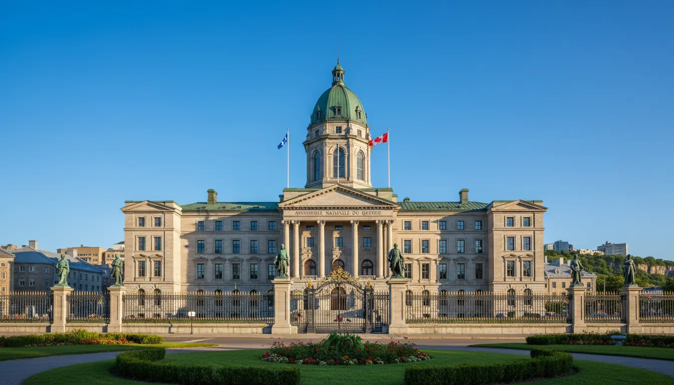 Vue extérieure du bâtiment de l'Assemblée nationale du Québec (Hôtel du Parlement) à Québec, par tem