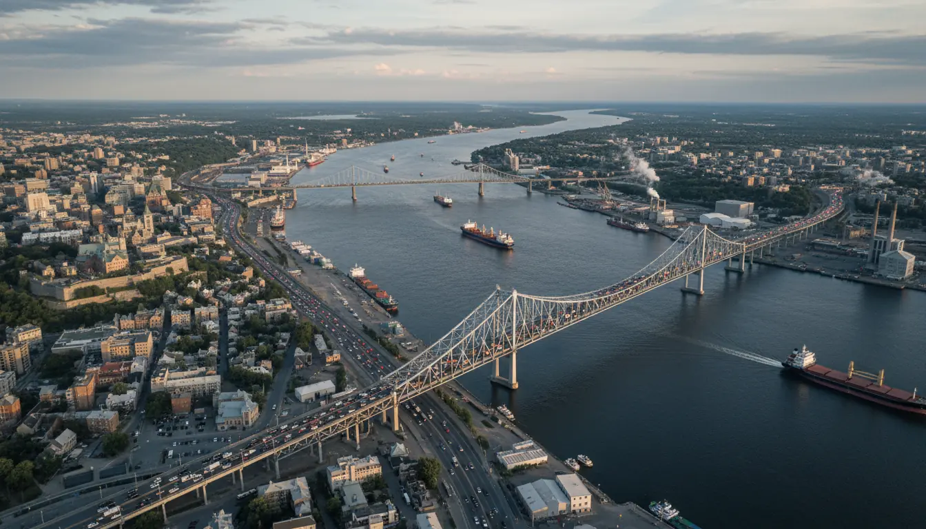 Vue aérienne générique ou conceptuelle du fleuve Saint-Laurent entre Québec et Lévis, montrant la de