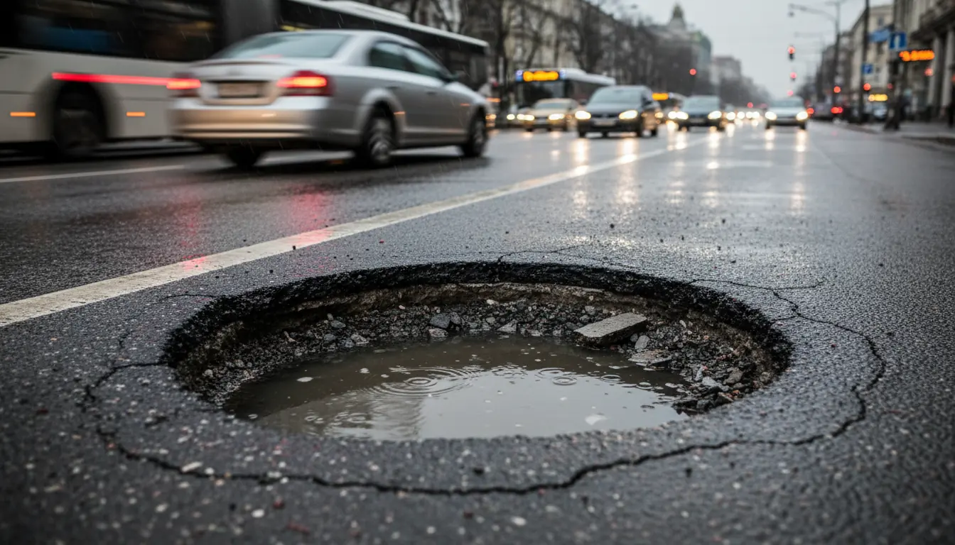 Gros plan sur un nid-de-poule dangereux au milieu d'une rue urbaine avec du trafic flou en arrière-p