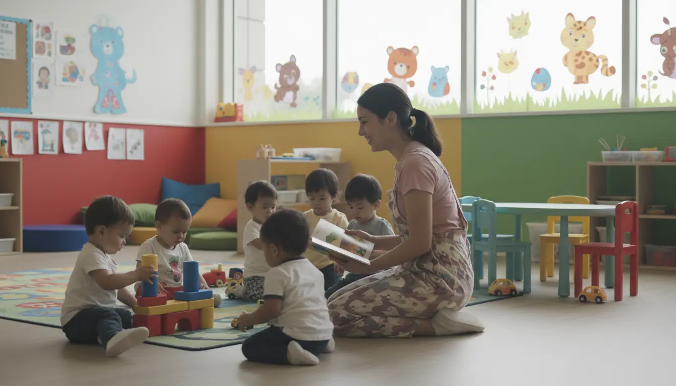 Une éducatrice de la petite enfance s'occupant d'un groupe d'enfants dans une garderie colorée et lu