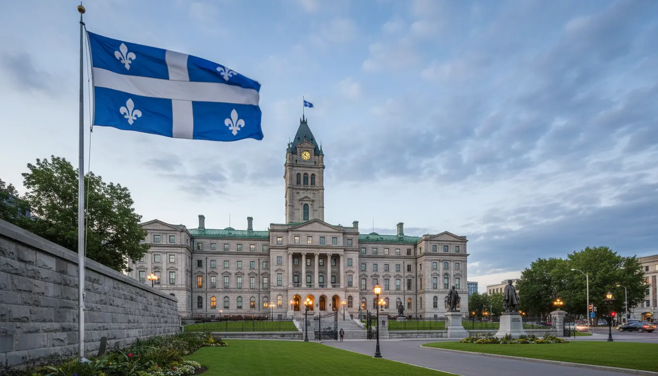 Vue extérieure du bâtiment de l'Assemblée nationale du Québec à Québec, avec le drapeau du Québec fl