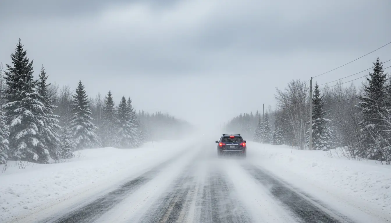 Une route de campagne en hiver au Québec avec de la poudrerie ou de la neige soufflée par le vent, v