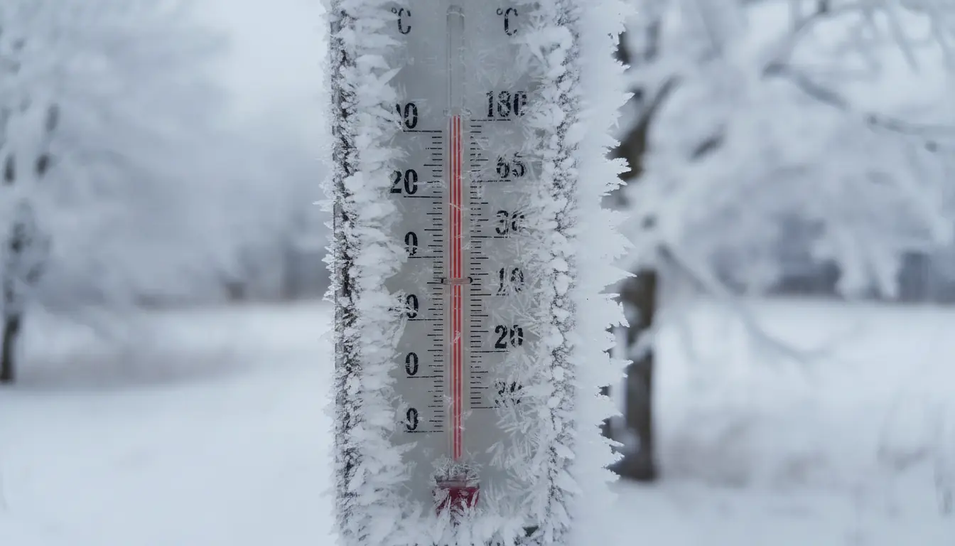 Gros plan sur un thermomètre extérieur couvert de givre indiquant une température très basse, arrièr