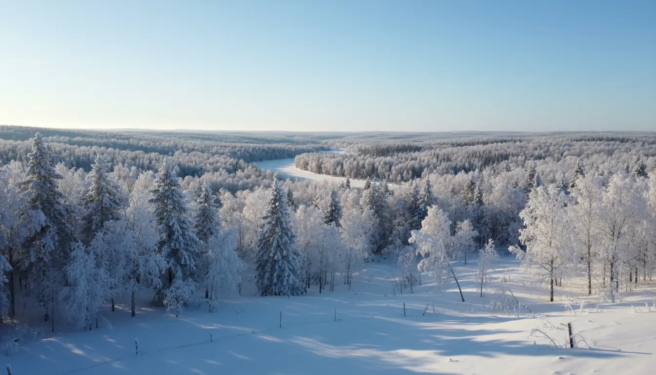 Paysage hivernal ensoleillé mais glacial au Québec, ciel bleu clair, neige scintillante au sol, arbr