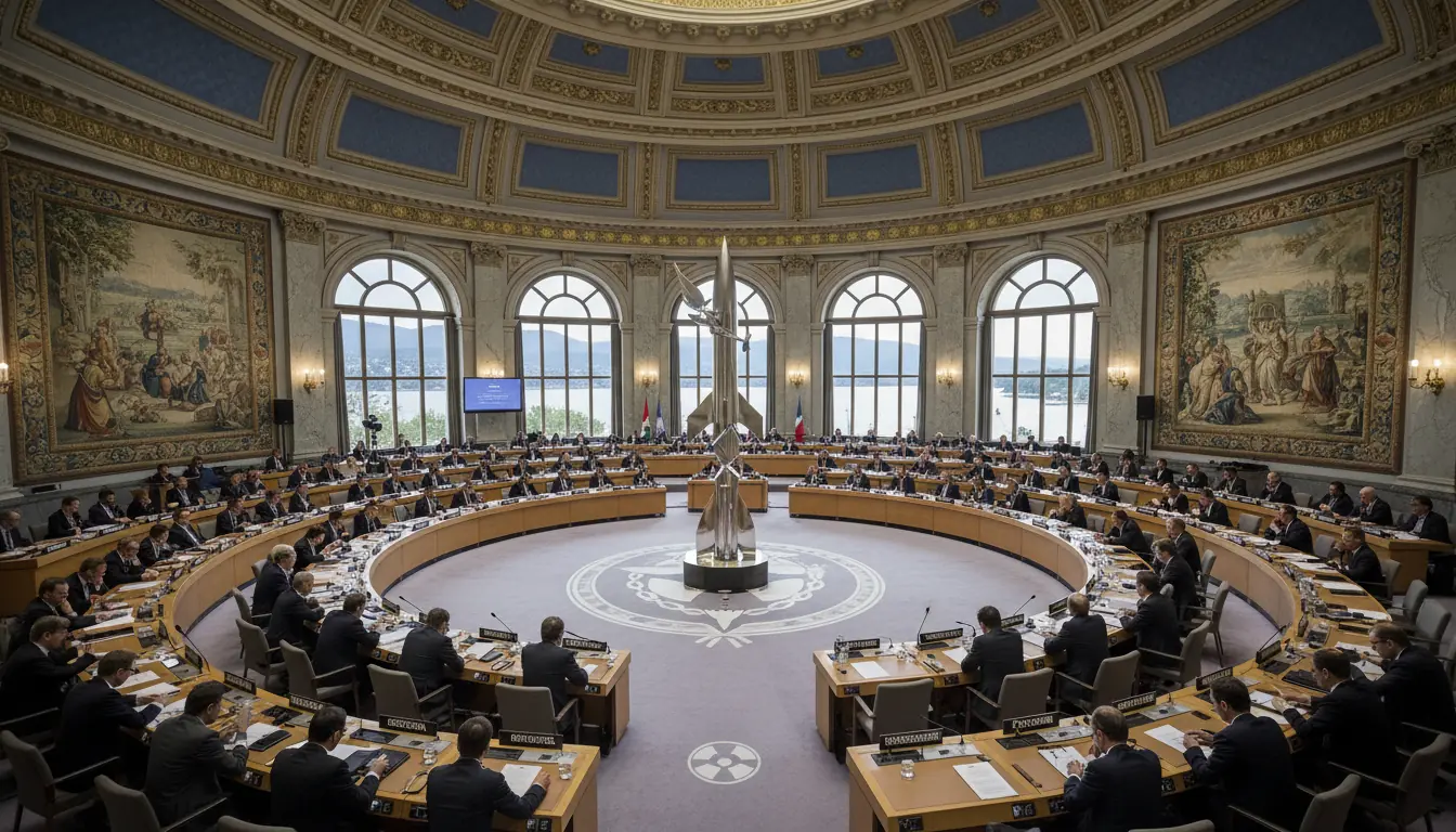 Vue générale de la salle de la Conférence du désarmement au Palais des Nations à Genève, ou symbole 