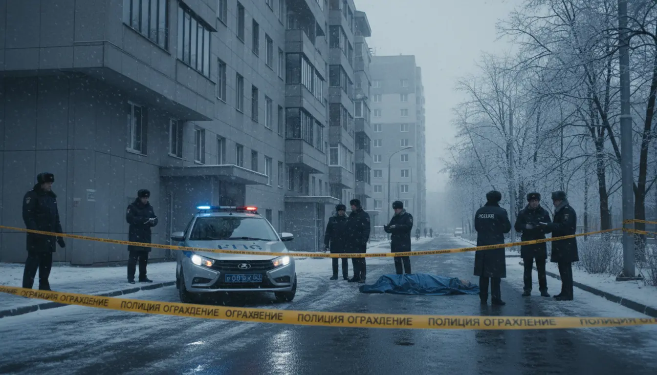 Scène de crime générique à Moscou devant un immeuble résidentiel moderne, avec ruban de police jaune