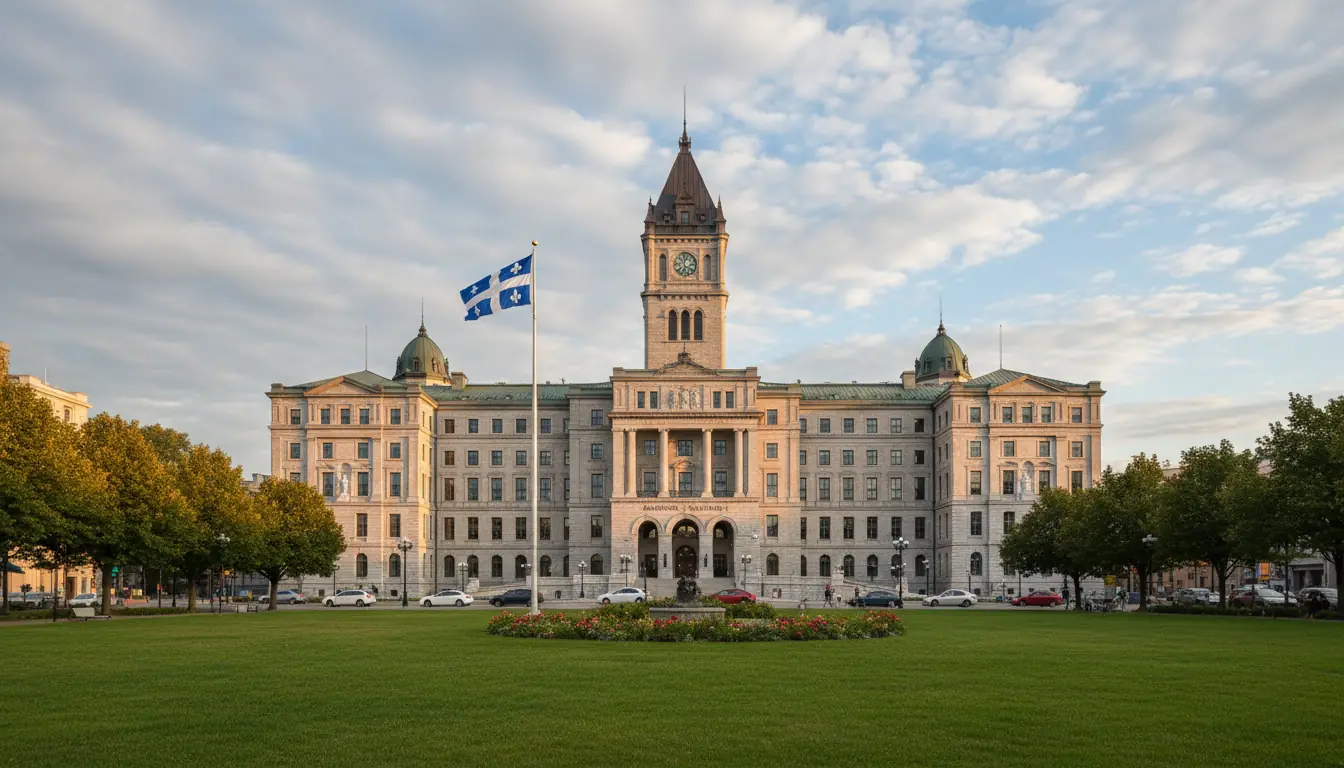 Vue extérieure de l'Assemblée nationale du Québec à Québec, architecture parlementaire, drapeau du Q