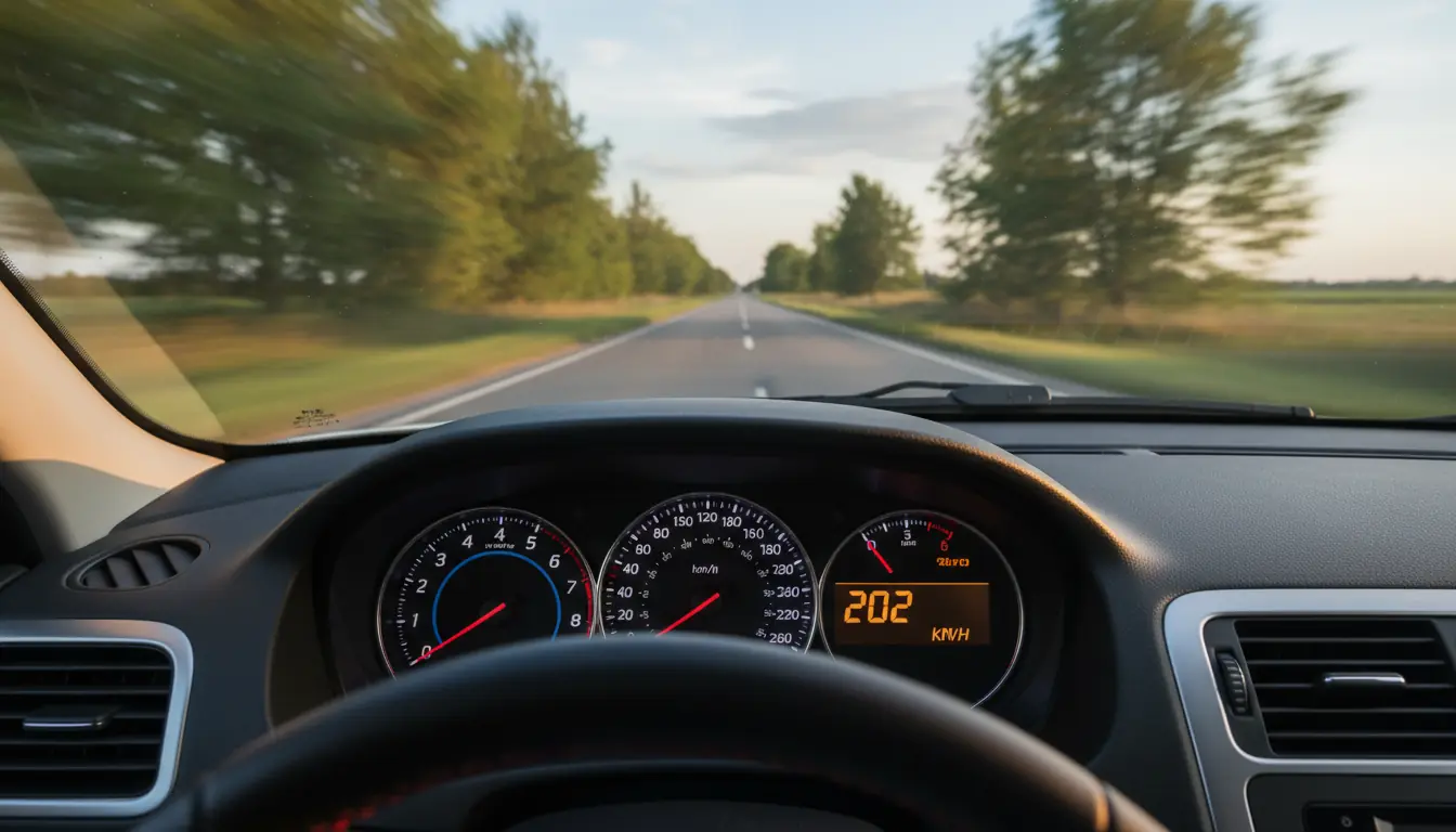 Compteur de vitesse de voiture affichant une vitesse élevée, vue de l'intérieur de l'habitacle, arri