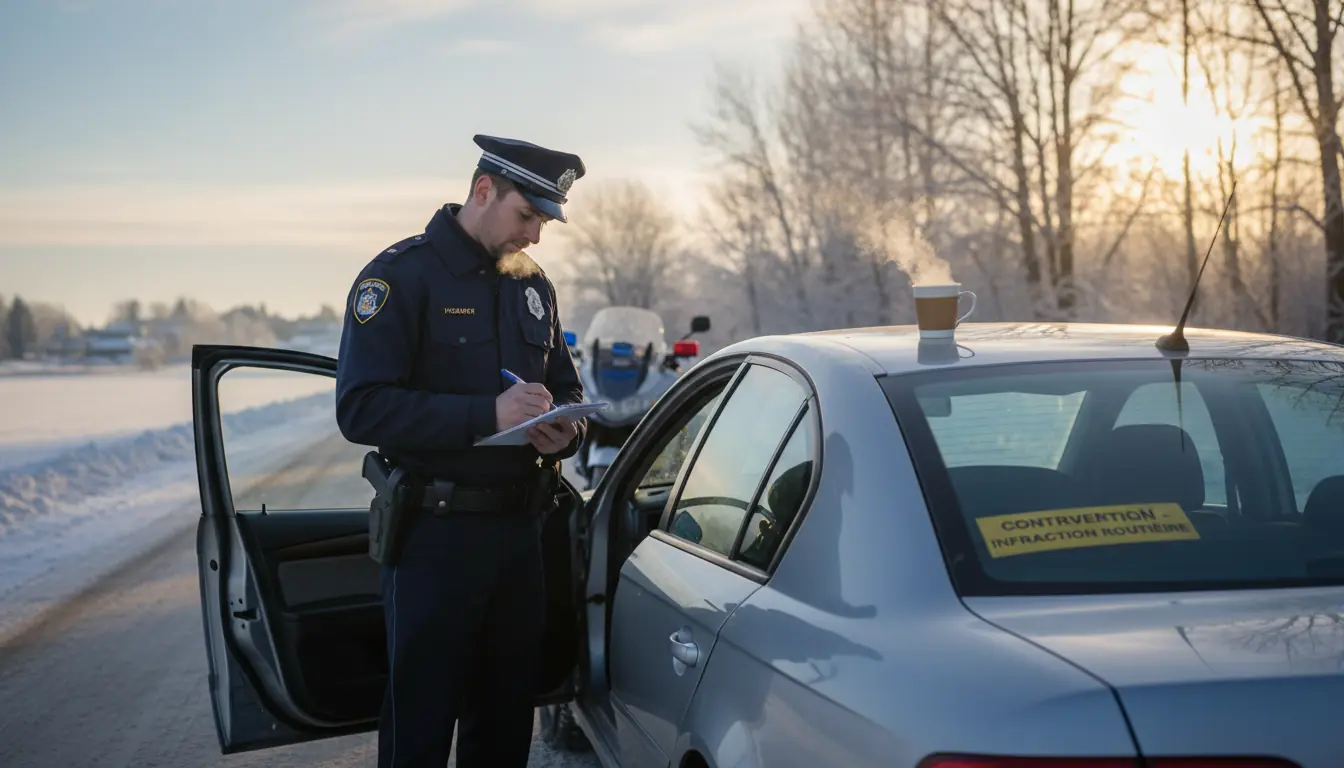 Policier en uniforme (générique) rédigeant un constat d'infraction à côté d'une voiture immobilisée,
