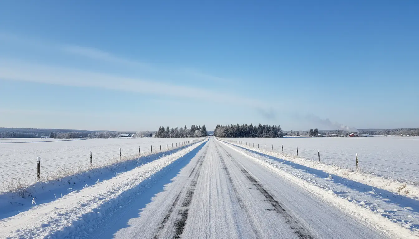 Route de campagne québécoise en hiver, type Rang, avec champs enneigés de chaque côté et ciel clair.