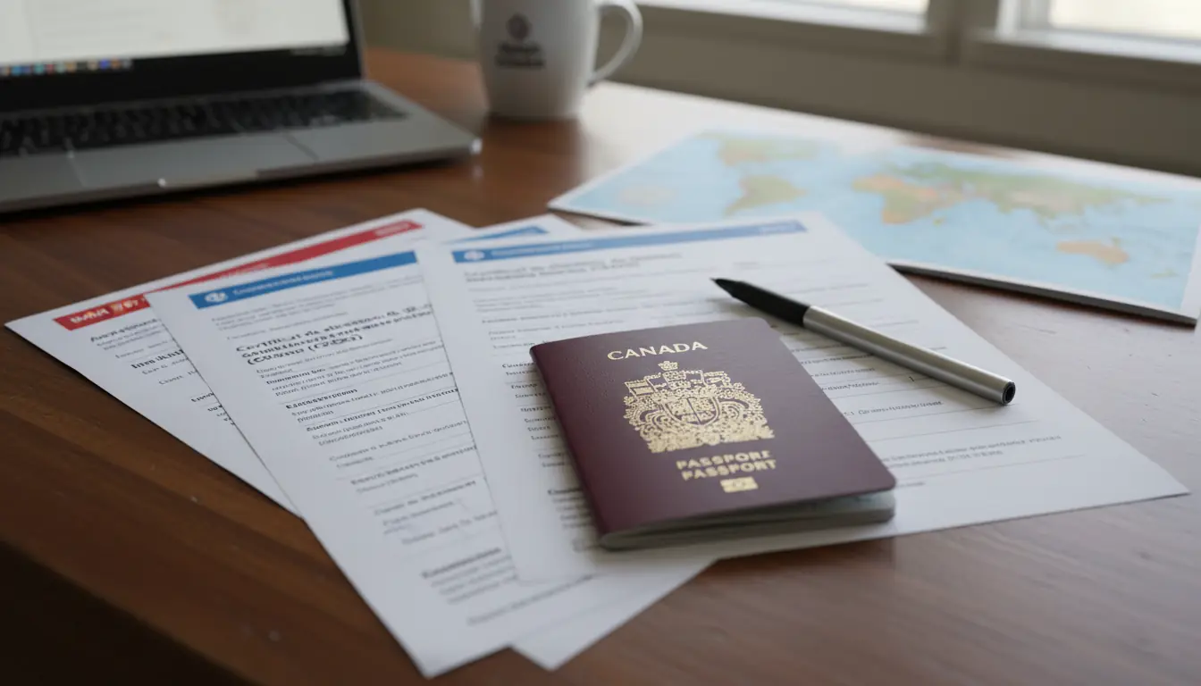 Gros plan sur des documents d'immigration canadiens, passeport et formulaires de demande de CSQ sur