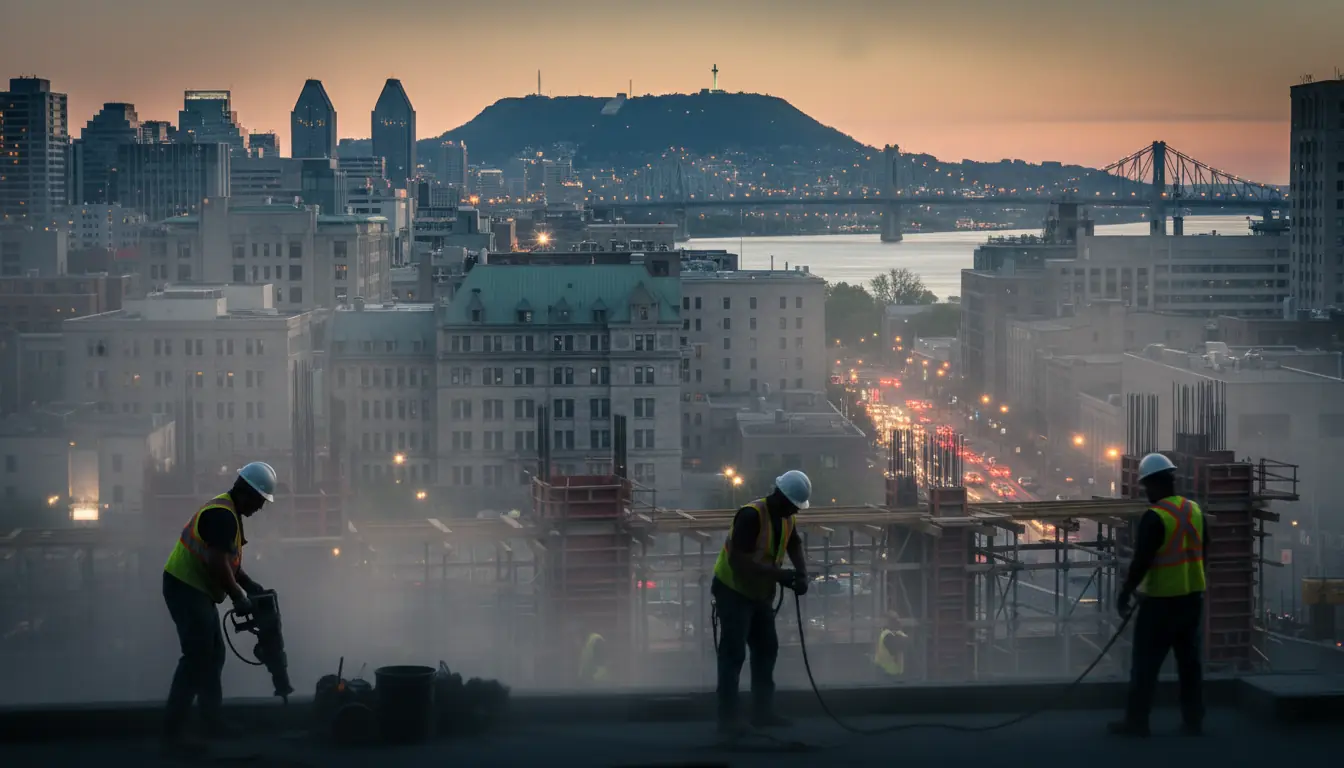 Vue urbaine de Montréal avec des travailleurs de la construction ou de la restauration en action, fl