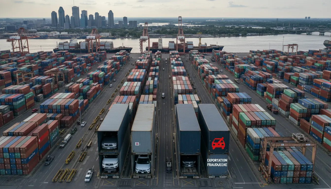 Vue aérienne ou globale de conteneurs maritimes au Port de Montréal, symbolisant l'exportation des v