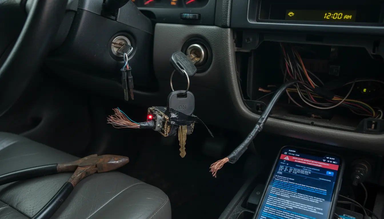 Gros plan sur un système de verrouillage de voiture ou des clés sur le contact, illustrant la vulnér