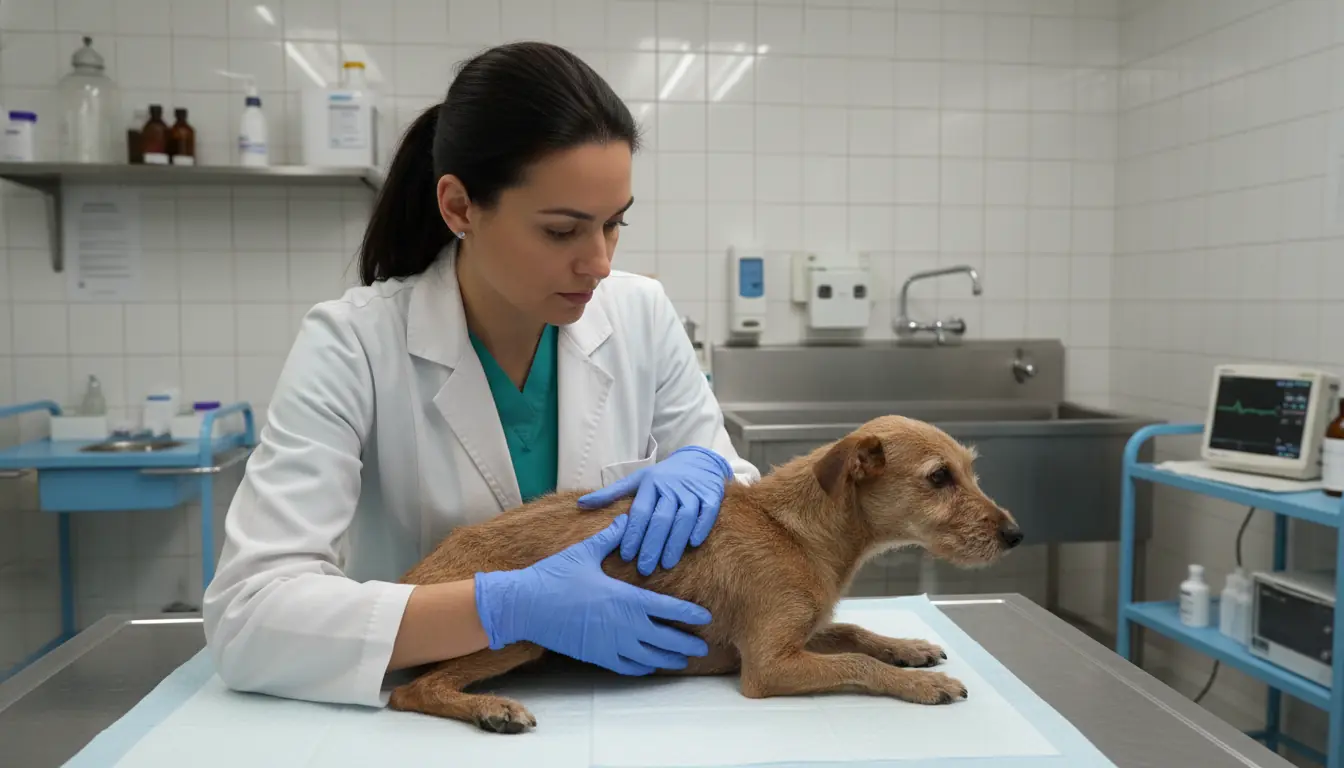 Vétérinaire examinant un petit chien maigre sur une table d'examen, mains gantées, environnement méd