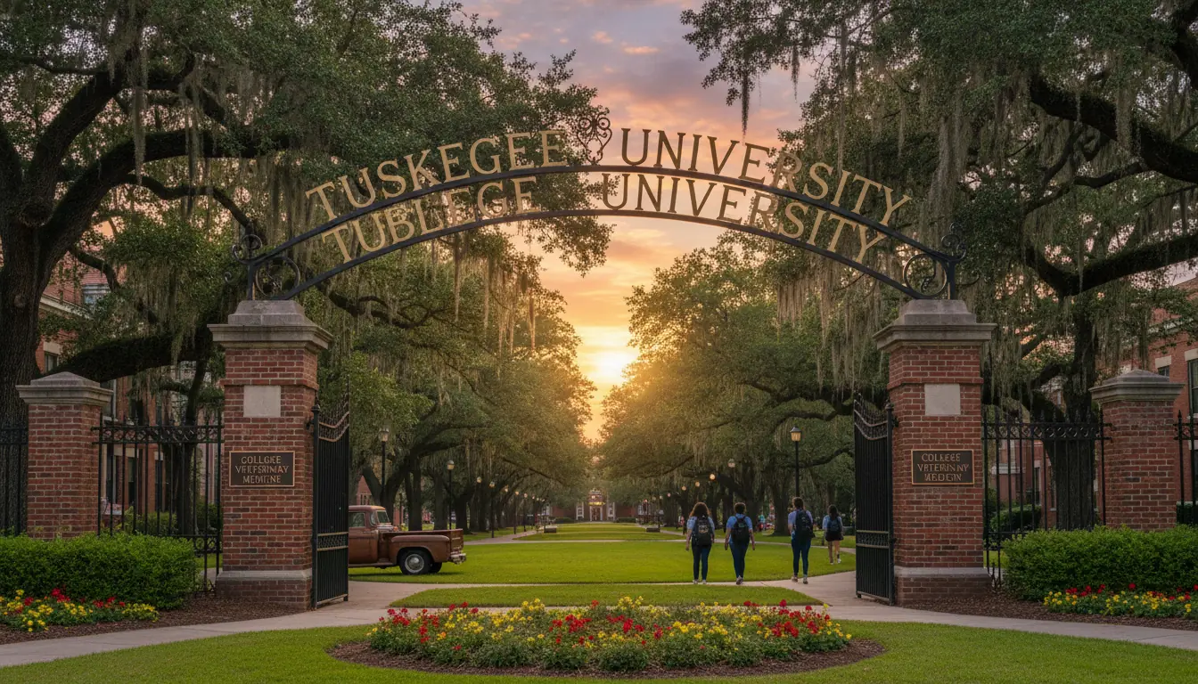 Extérieur du campus de l'Université de Tuskegee ou panneau d'entrée d'une école vétérinaire américai