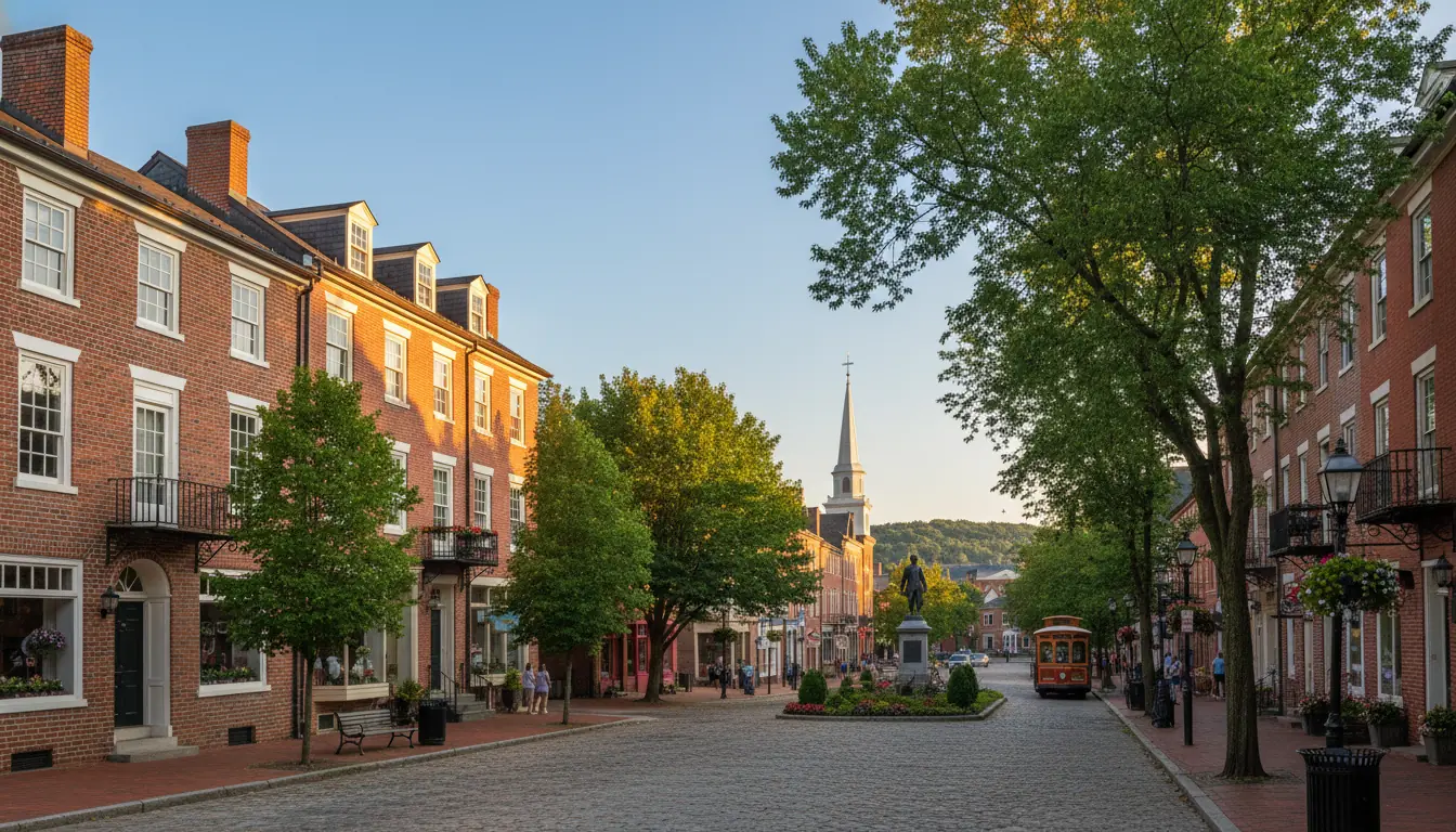 Paysage urbain charmant de Lancaster en Pennsylvanie, montrant une architecture traditionnelle en br