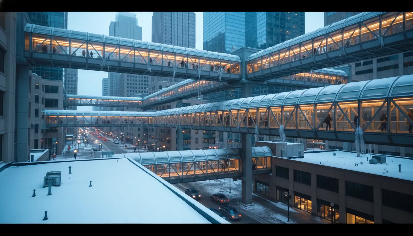Le système de passerelles couvertes (Skyway) à Minneapolis, vue moderne de l'architecture urbaine en
