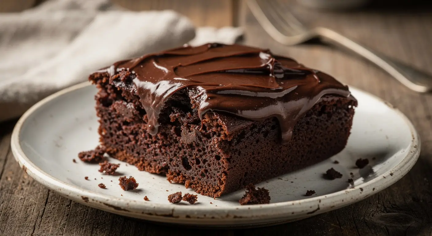 Gros plan sur un Wacky Cake, un gâteau au chocolat rectangulaire nappé de glaçage, servi sur une ass