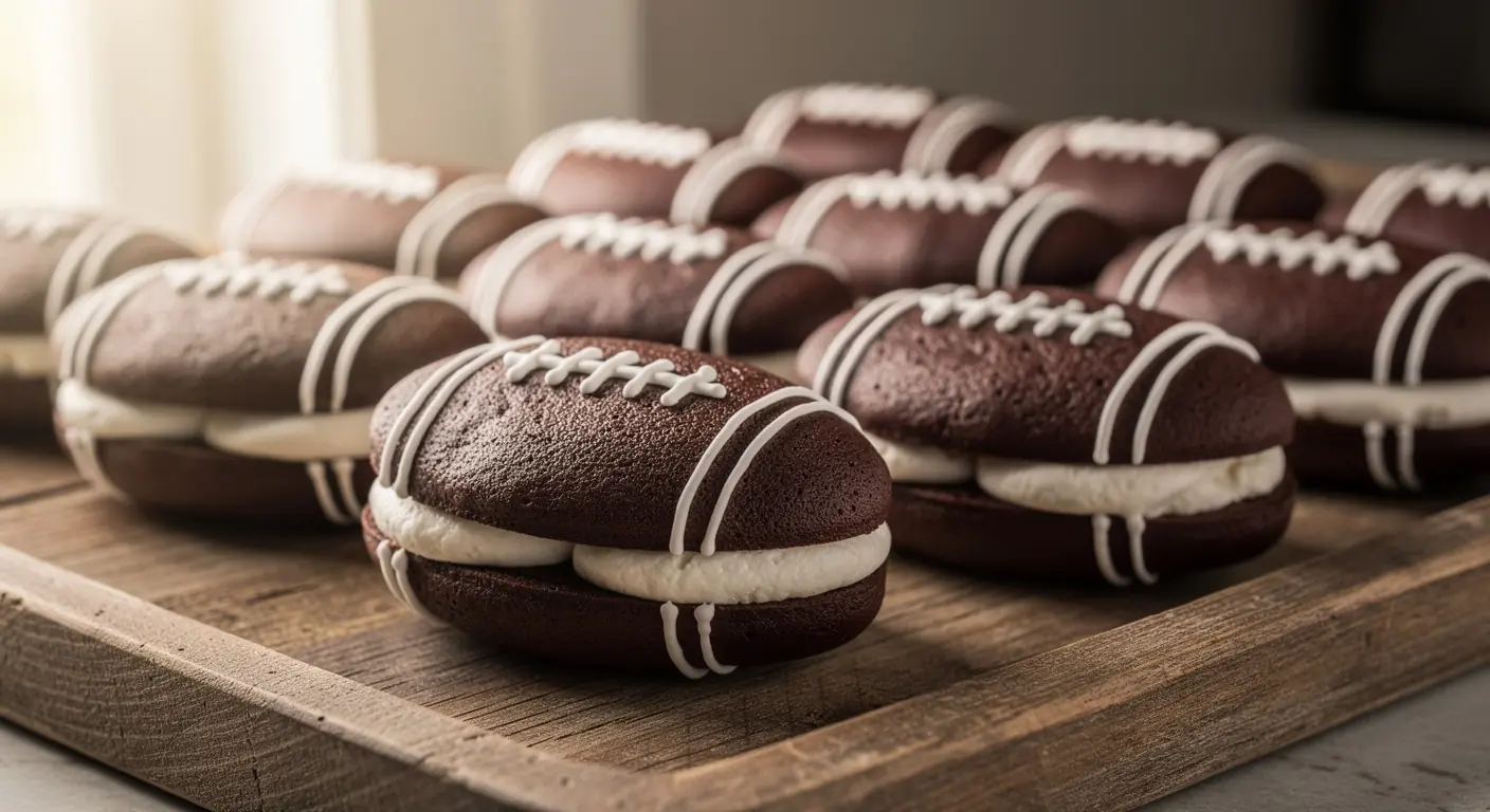 Des Whoopie Pies en forme de ballon de football américain avec un glaçage blanc imitant les lacets d