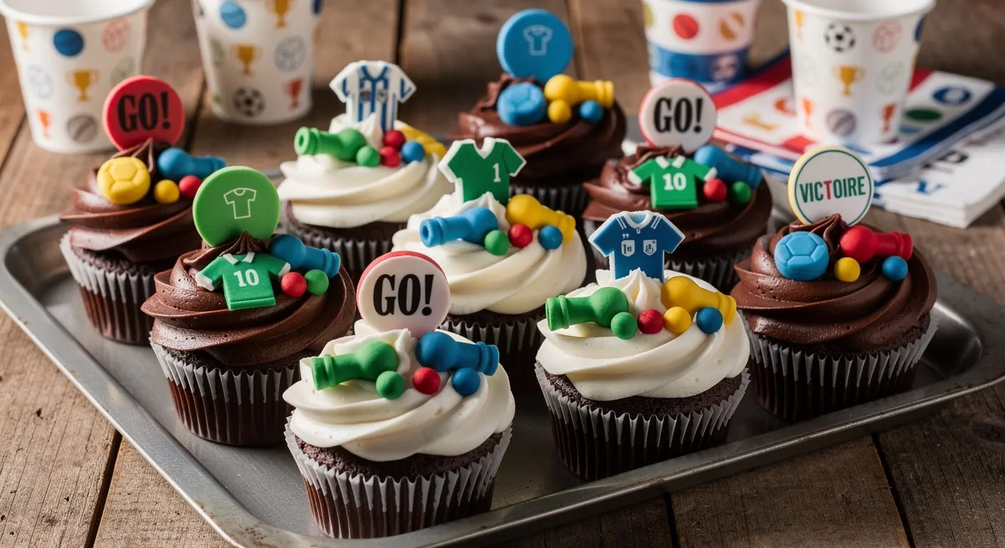 Cupcakes au chocolat avec un glaçage bicolore tourbillonné, décorés pour une fête sportive.