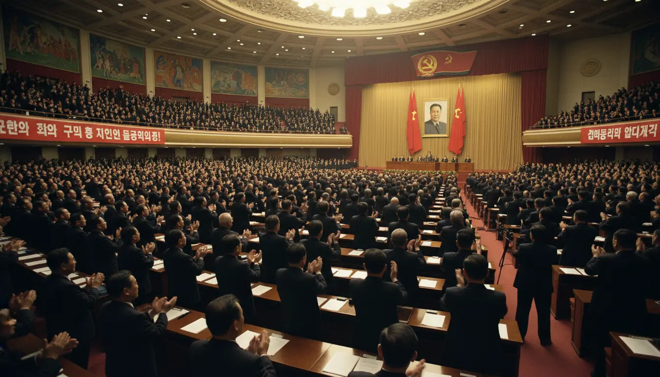 Photographie réaliste 8K style documentaire d'une salle de congrès immense à Pyongyang