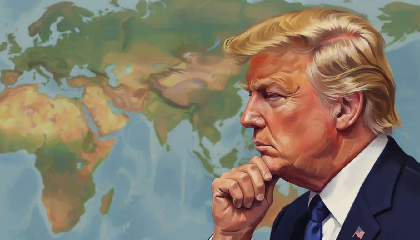 Caricature artistique de Donald Trump de profil, l'air pensif, avec un fond suggérant une carte de ...