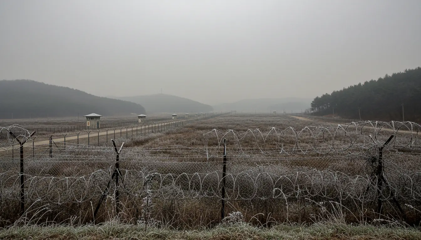 Photographie 8K de la zone démilitarisée (DMZ) entre les deux Corées, barbelés au premier plan, ciel